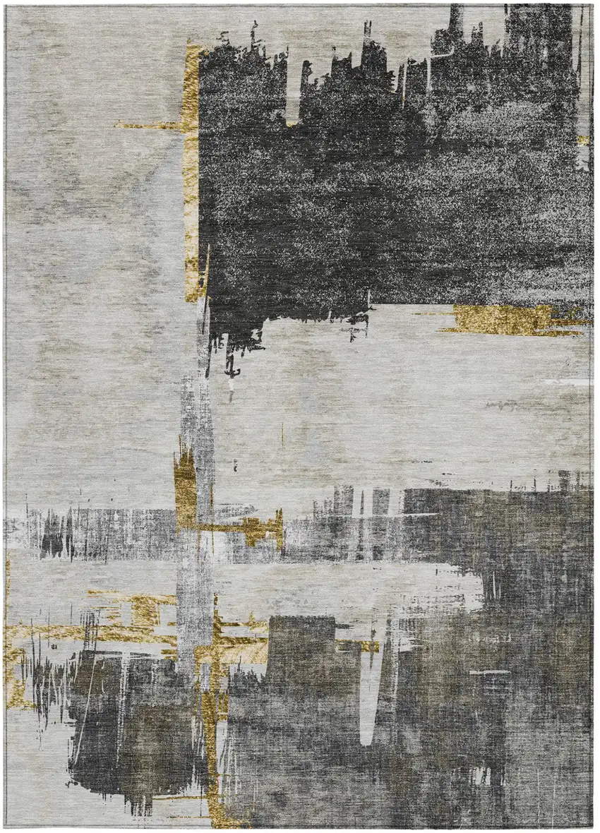 Gray And Tan Abstract Washable Indoor Outdoor Area Rug Photo 6