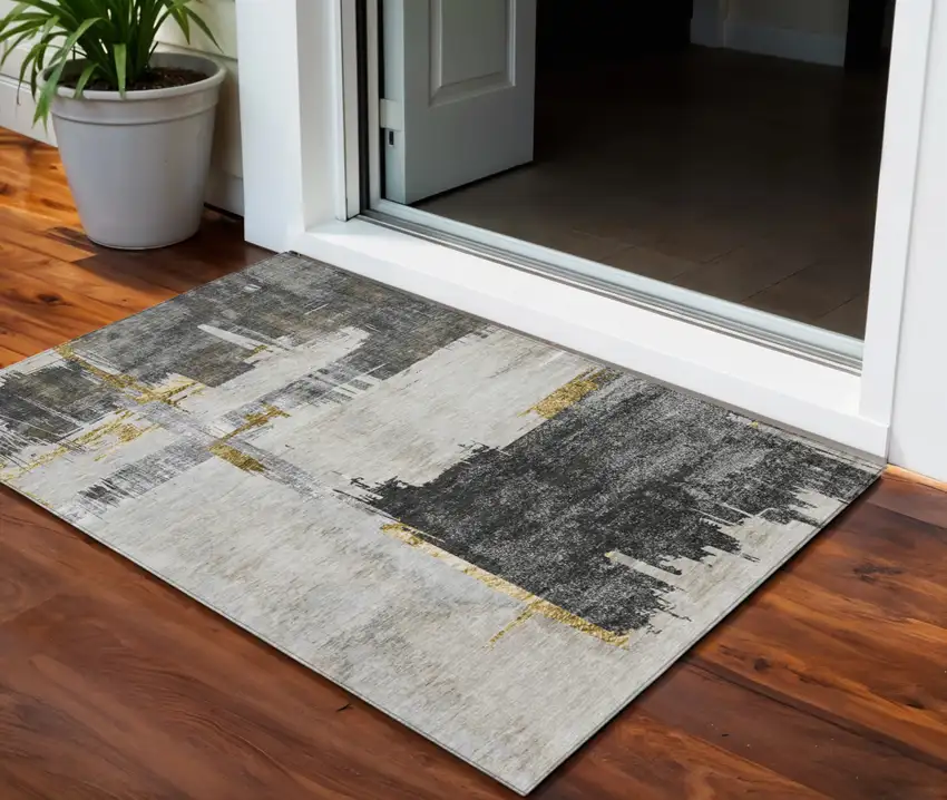 Gray And Tan Abstract Washable Indoor Outdoor Area Rug Photo 1