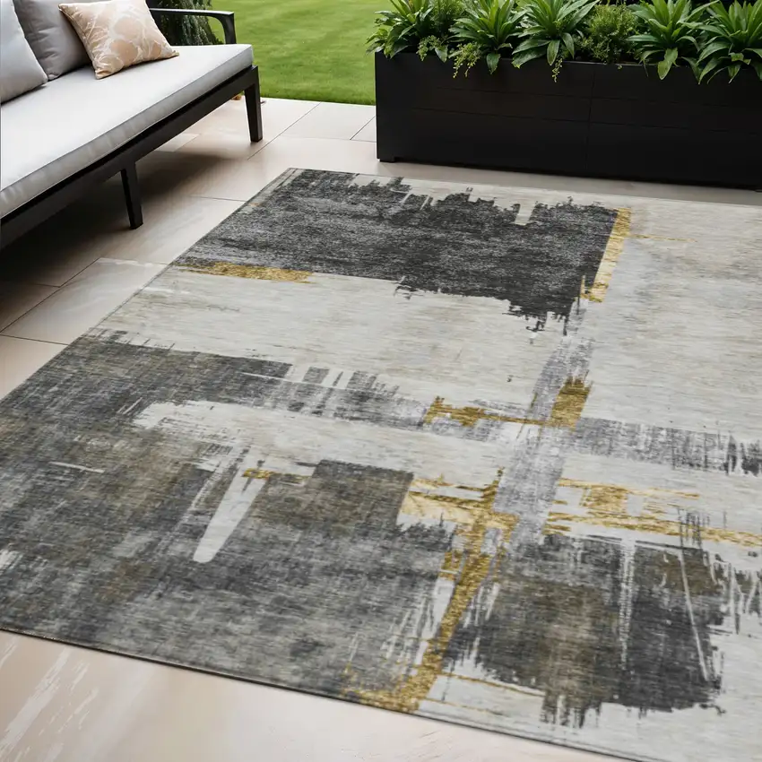 Gray And Tan Abstract Washable Indoor Outdoor Area Rug Photo 1