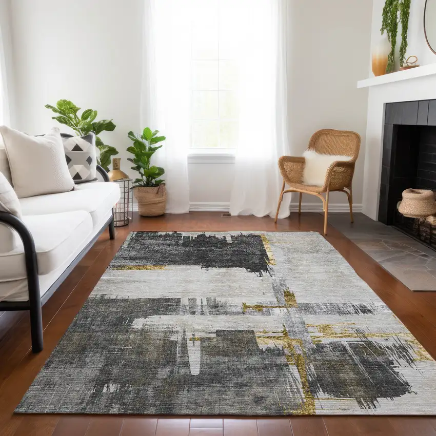 Gray And Tan Abstract Washable Indoor Outdoor Area Rug Photo 8