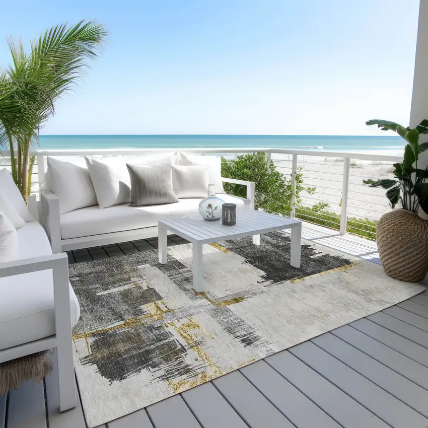 Gray And Tan Abstract Washable Indoor Outdoor Area Rug Photo 9