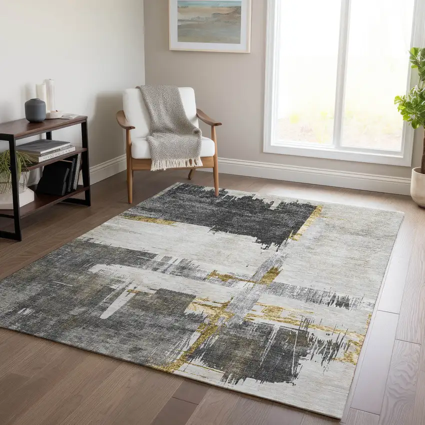 Gray And Tan Abstract Washable Indoor Outdoor Area Rug Photo 7