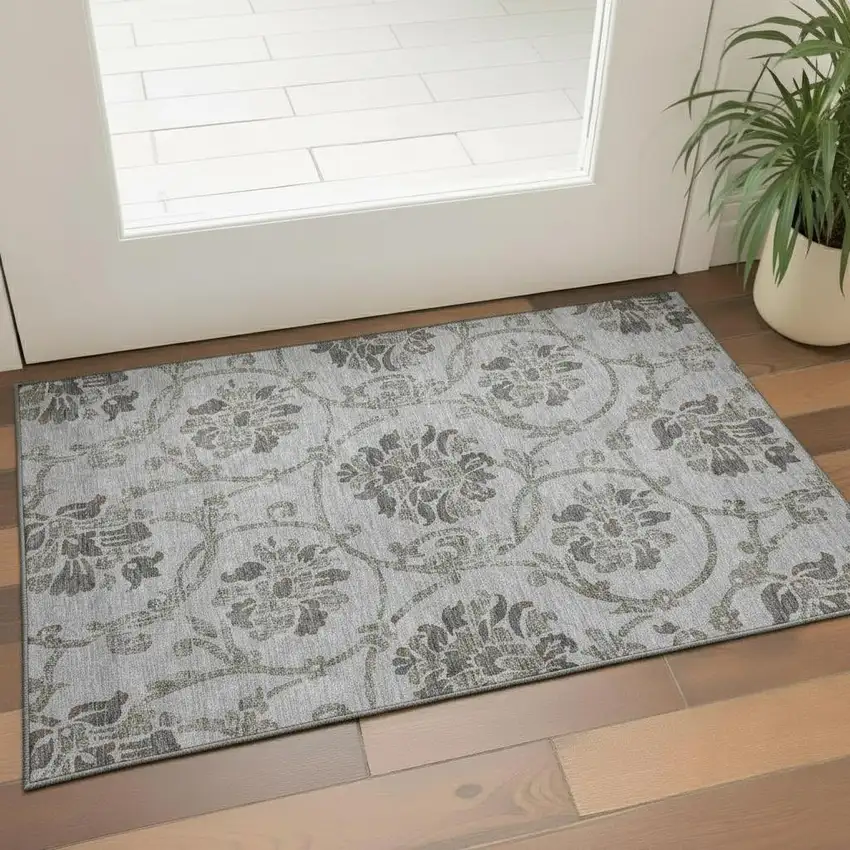 Gray And Taupe Floral Washable Area Rug With UV Protection Photo 1