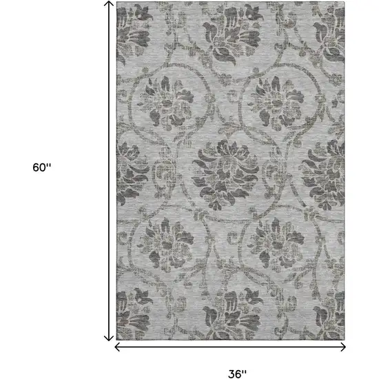 Gray And Taupe Floral Washable Area Rug With UV Protection Photo 3