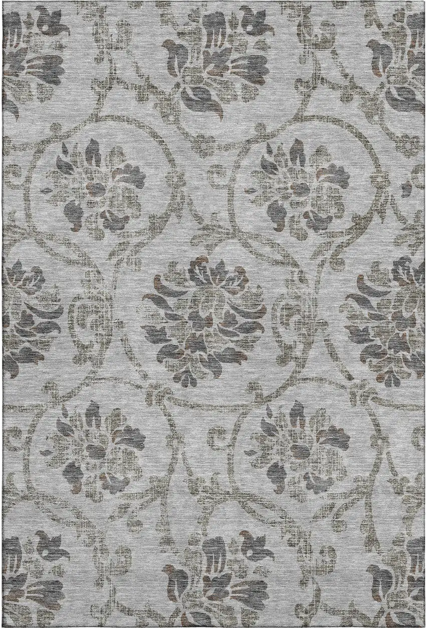 Gray And Taupe Floral Washable Area Rug With UV Protection Photo 1