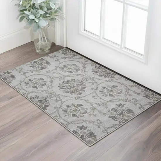 Gray And Taupe Floral Washable Area Rug With UV Protection Photo 2