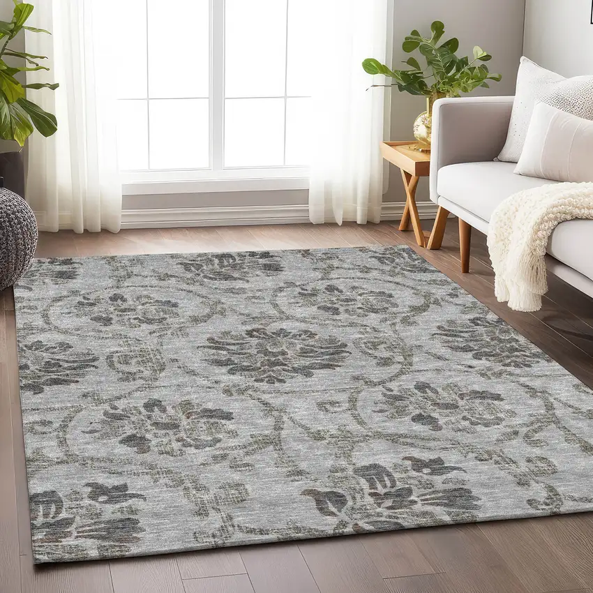 Gray And Taupe Floral Washable Area Rug With UV Protection Photo 5