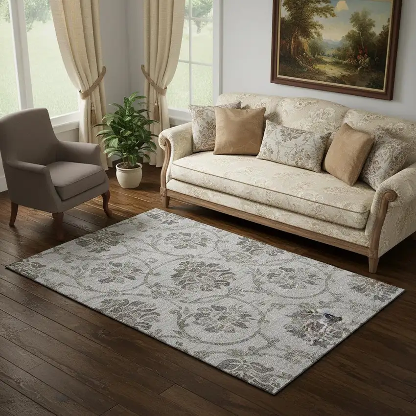 Gray And Taupe Floral Washable Area Rug With UV Protection Photo 1