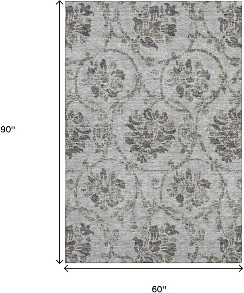 Gray And Taupe Floral Washable Area Rug With UV Protection Photo 3