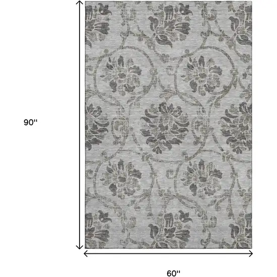 Gray And Taupe Floral Washable Area Rug With UV Protection Photo 3