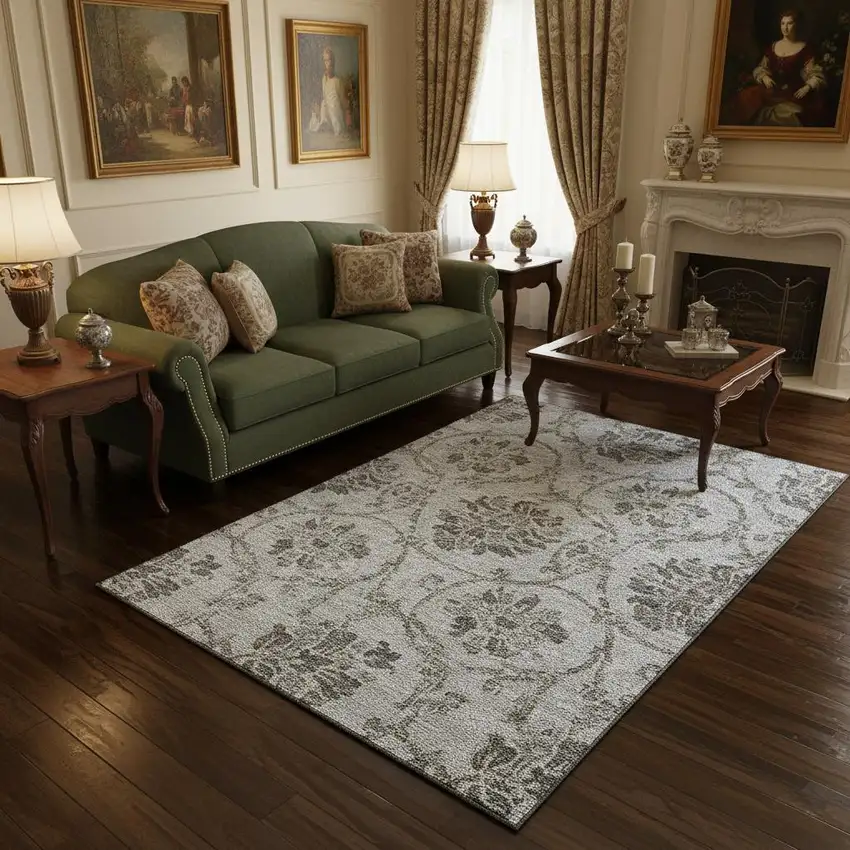 Gray And Taupe Floral Washable Area Rug With UV Protection Photo 2