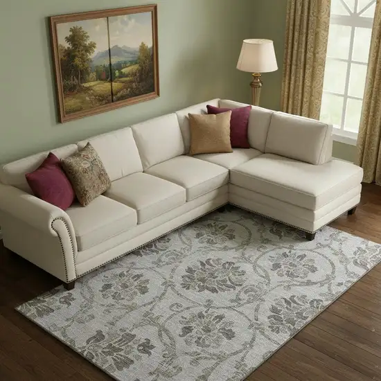 Gray And Taupe Floral Washable Area Rug With UV Protection Photo 1