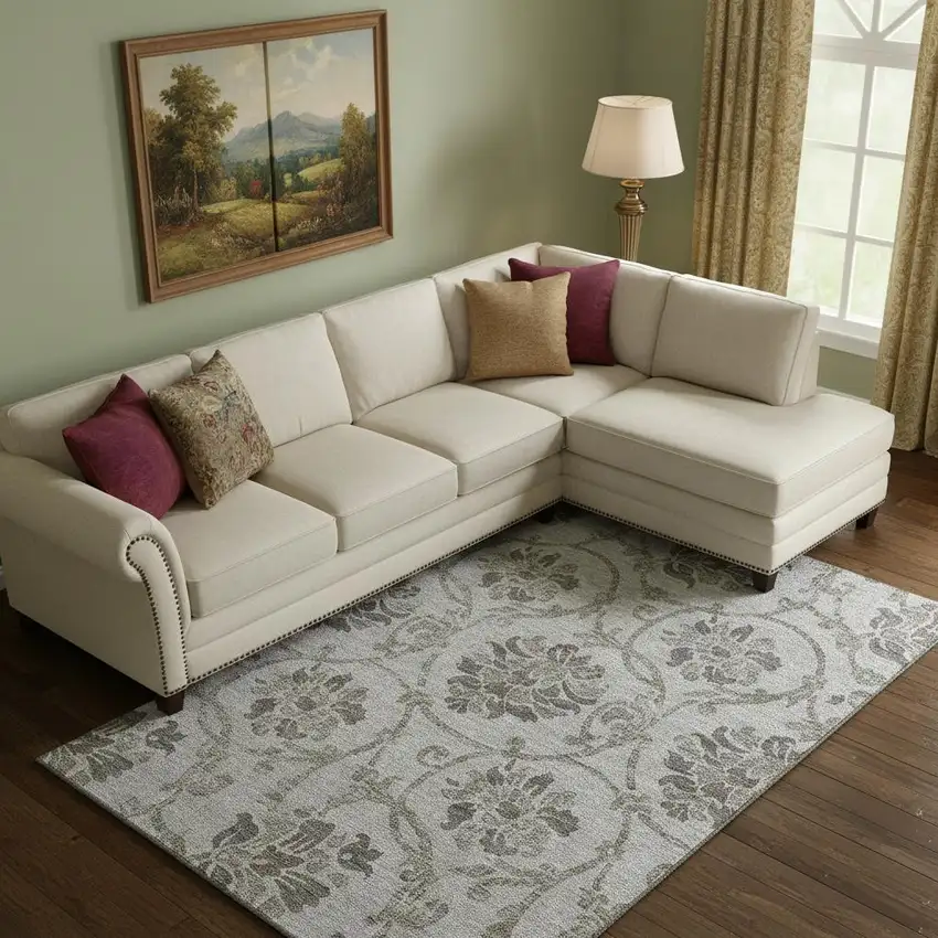 Gray And Taupe Floral Washable Area Rug With UV Protection Photo 1