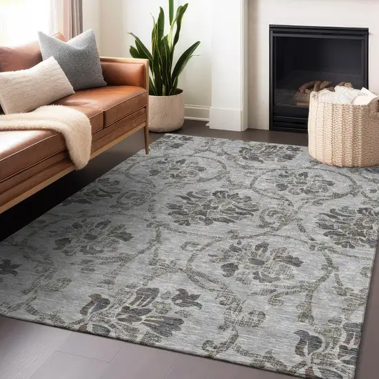 Gray And Taupe Floral Washable Area Rug With UV Protection Photo 5