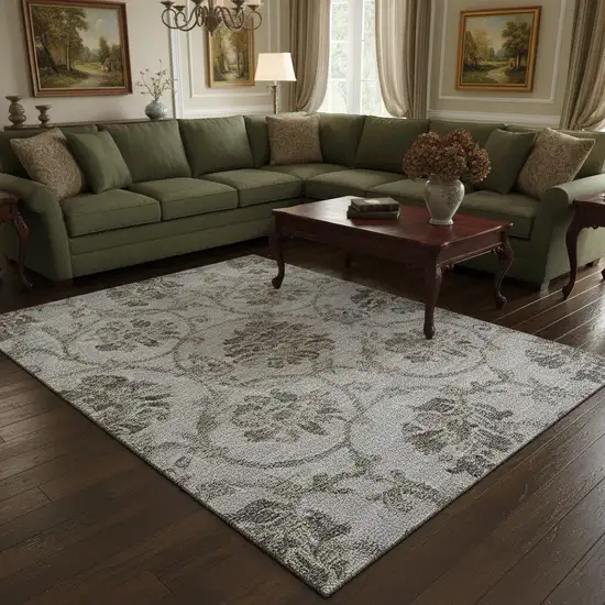 Gray And Taupe Floral Washable Area Rug With UV Protection Photo 2