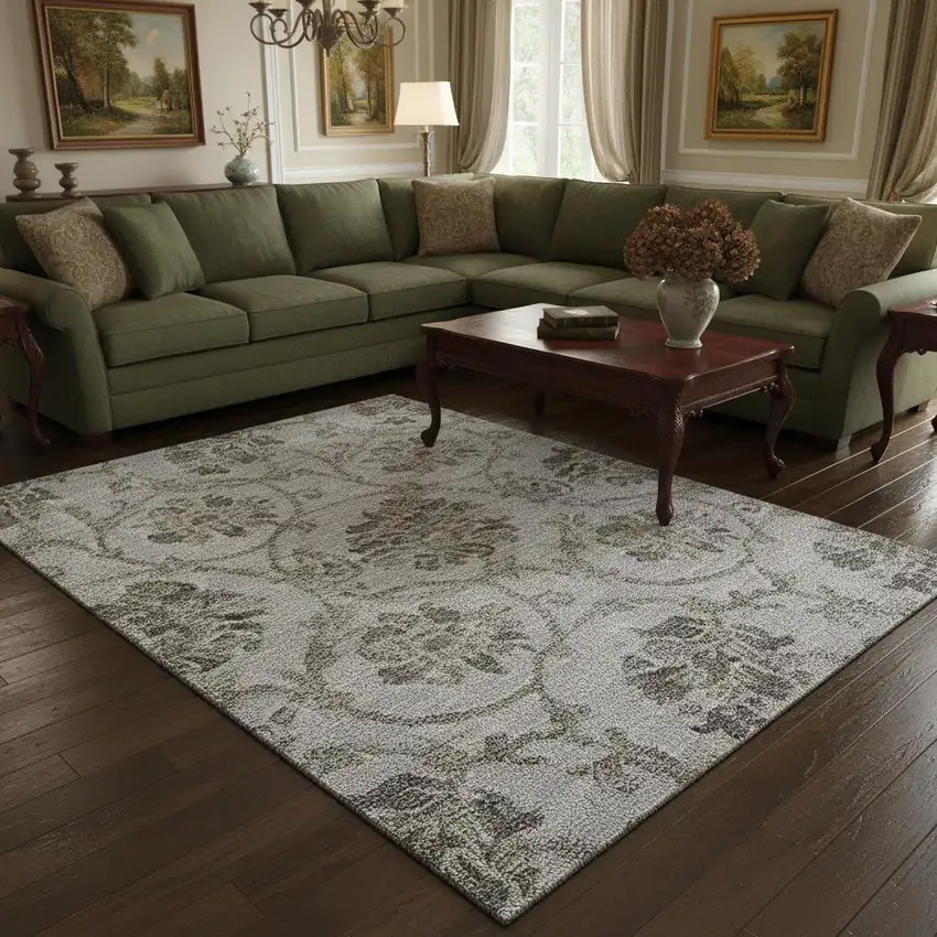 Gray And Taupe Floral Washable Area Rug With UV Protection Photo 2