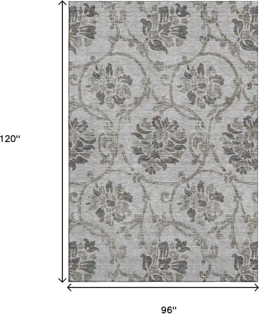 Gray And Taupe Floral Washable Area Rug With UV Protection Photo 3
