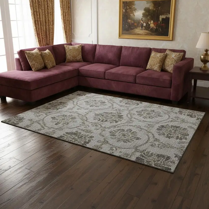 Gray And Taupe Floral Washable Area Rug With UV Protection Photo 2