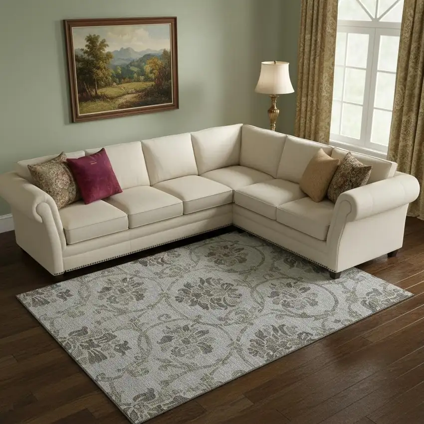 Gray And Taupe Floral Washable Area Rug With UV Protection Photo 1