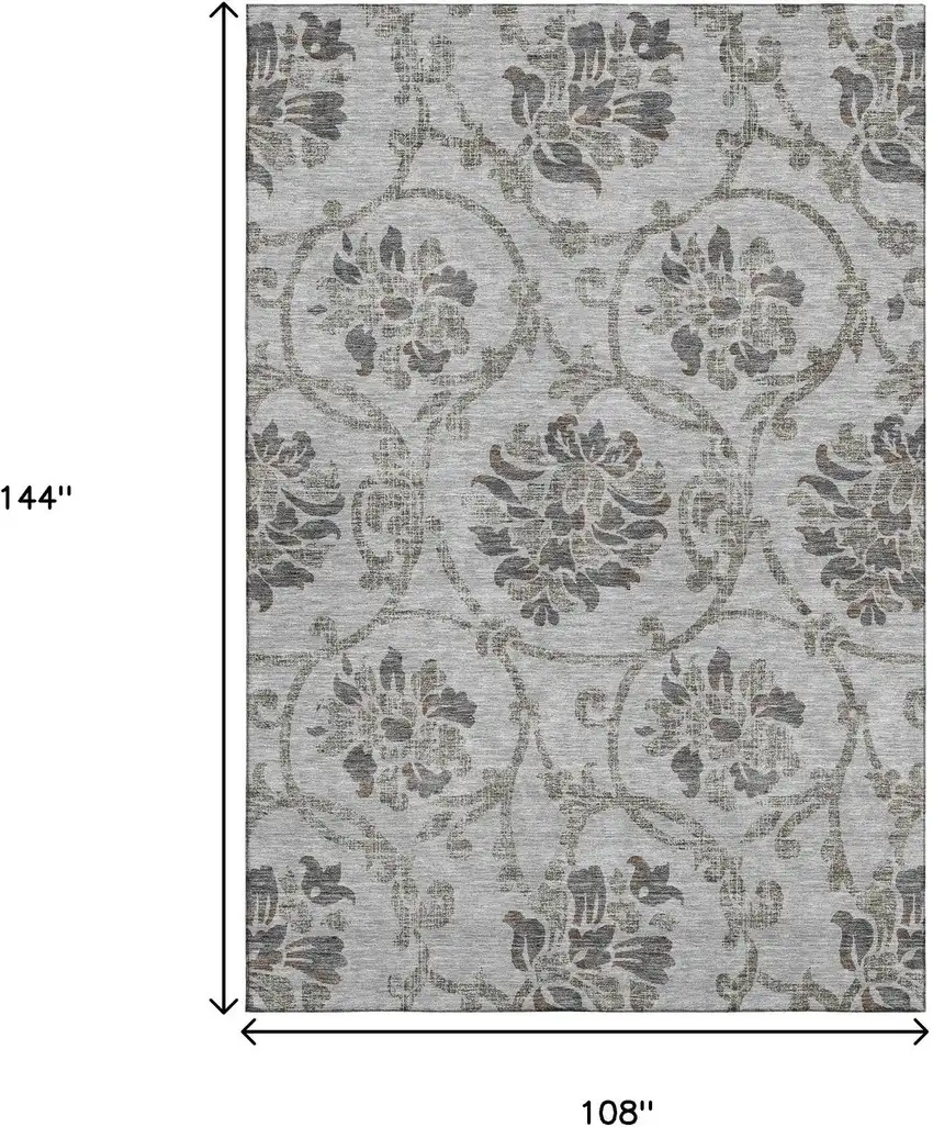 Gray And Taupe Floral Washable Area Rug With UV Protection Photo 3