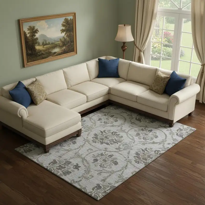 Gray And Taupe Floral Washable Area Rug With UV Protection Photo 1