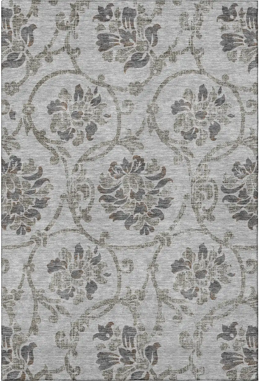 Gray And Taupe Floral Washable Area Rug With UV Protection Photo 4