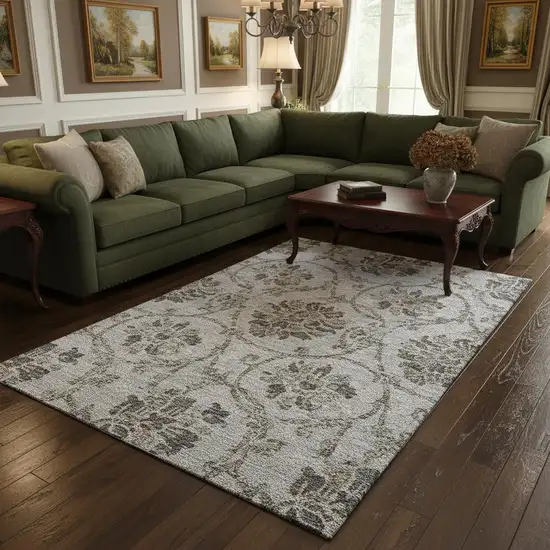 Gray And Taupe Floral Washable Area Rug With UV Protection Photo 2