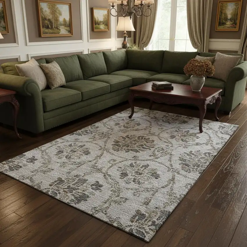 Gray And Taupe Floral Washable Area Rug With UV Protection Photo 2