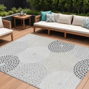 Photo of Gray And Taupe Geometric Washable Indoor Outdoor Area Rug