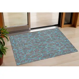 Photo of Gray And Teal Blue Geometric Washable Indoor Outdoor Area Rug