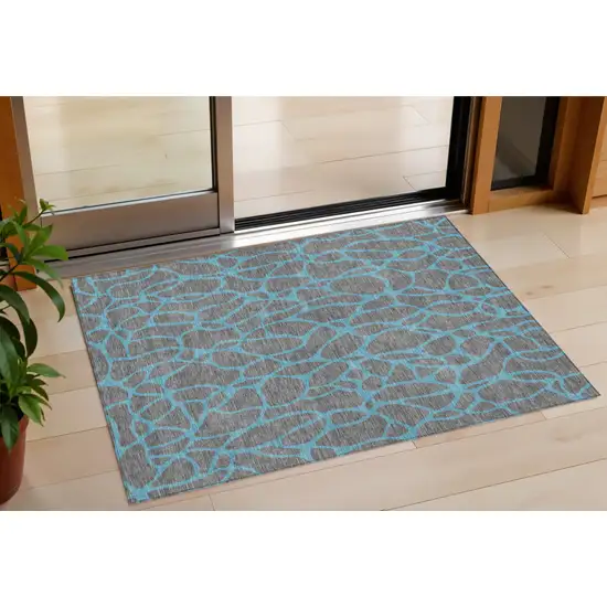 Gray And Teal Blue Geometric Washable Indoor Outdoor Area Rug Photo 1