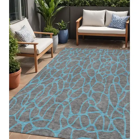 Gray And Teal Blue Geometric Washable Indoor Outdoor Area Rug Photo 1