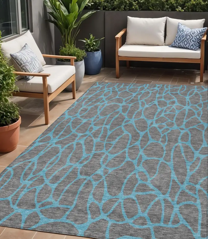 Gray And Teal Blue Geometric Washable Indoor Outdoor Area Rug Photo 1