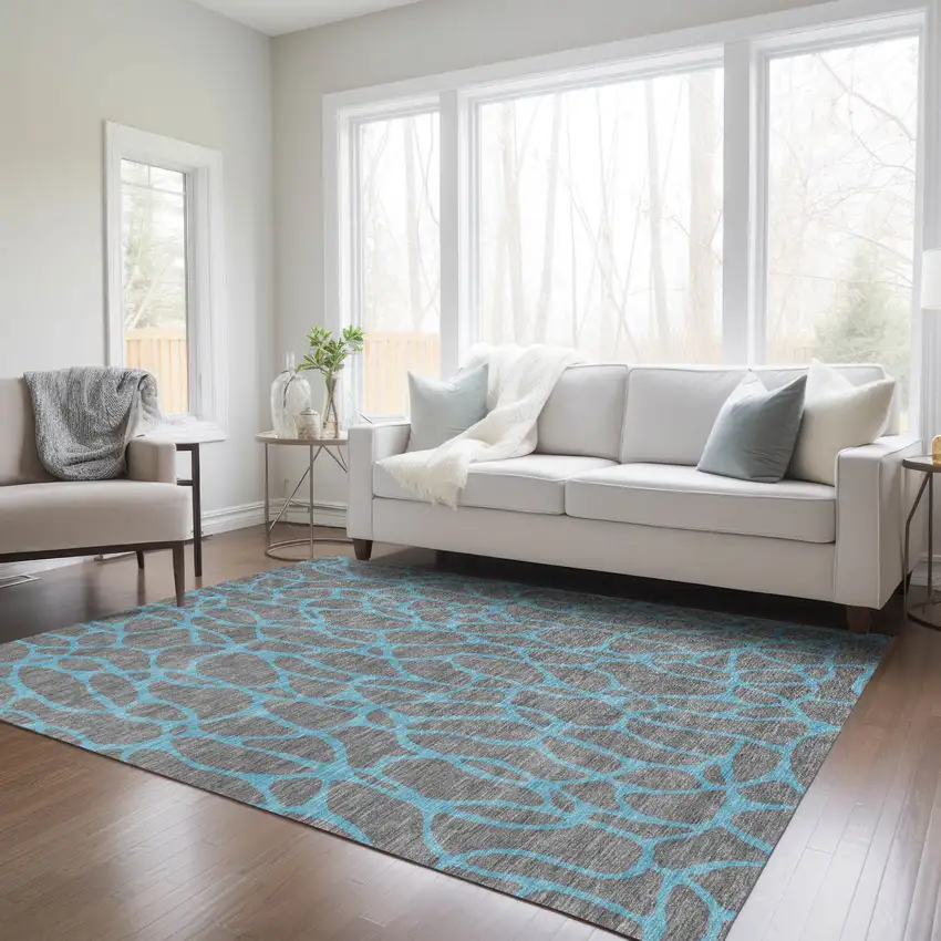 Gray And Teal Blue Geometric Washable Indoor Outdoor Area Rug Photo 9