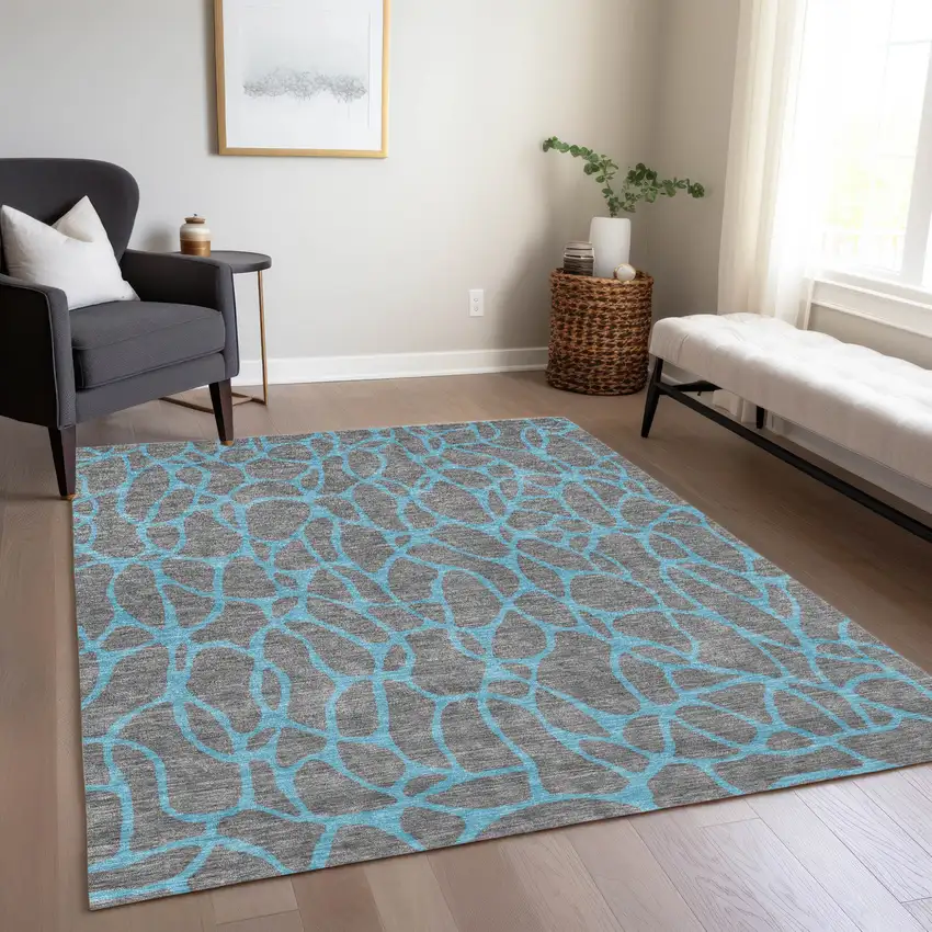 Gray And Teal Blue Geometric Washable Indoor Outdoor Area Rug Photo 8