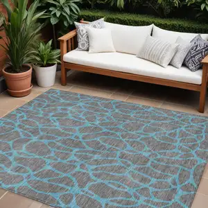 Photo of Gray And Teal Blue Geometric Washable Indoor Outdoor Area Rug