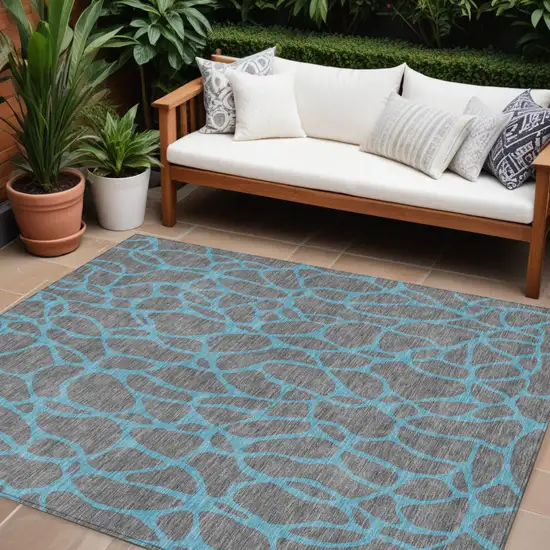 Gray And Teal Blue Geometric Washable Indoor Outdoor Area Rug Photo 1