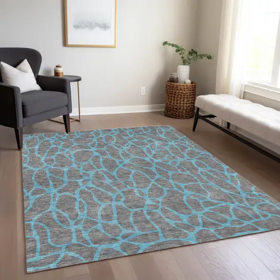 Gray And Teal Blue Geometric Washable Indoor Outdoor Area Rug Photo 9