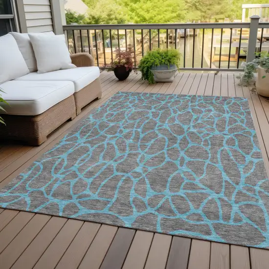 Gray And Teal Blue Geometric Washable Indoor Outdoor Area Rug Photo 8