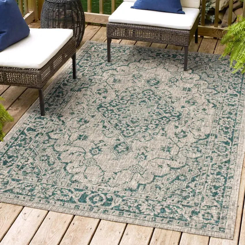 Gray And Teal Blue Medallion Indoor Outdoor Area Rug Photo 9