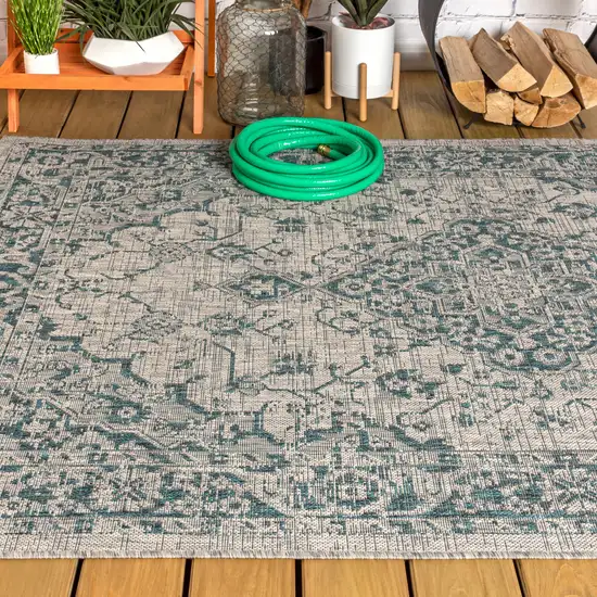 Gray And Teal Blue Medallion Indoor Outdoor Area Rug Photo 7