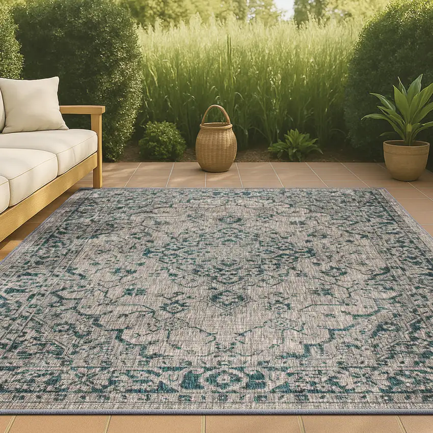Gray And Teal Blue Medallion Indoor Outdoor Area Rug Photo 4