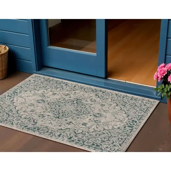Gray And Teal Blue Medallion Indoor Outdoor Area Rug Photo 1