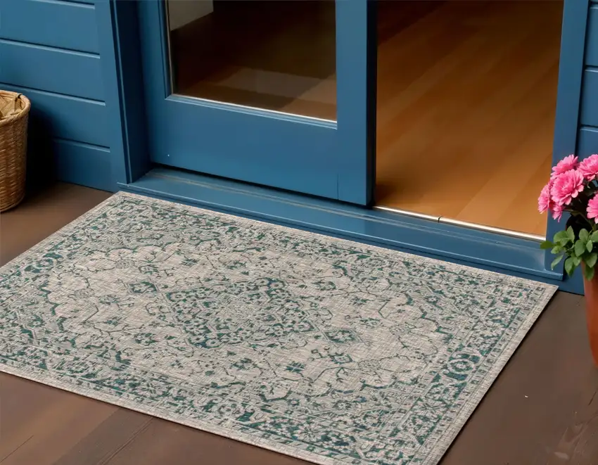 Gray And Teal Blue Medallion Indoor Outdoor Area Rug Photo 1