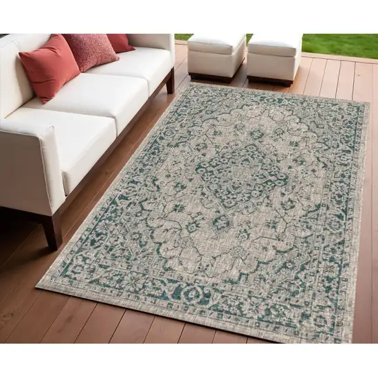 Gray And Teal Blue Medallion Indoor Outdoor Area Rug Photo 1