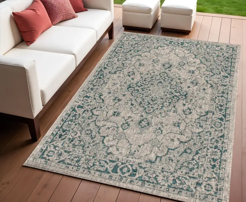 Gray And Teal Blue Medallion Indoor Outdoor Area Rug Photo 1