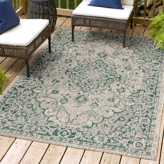 Gray And Teal Blue Medallion Indoor Outdoor Area Rug Photo 9