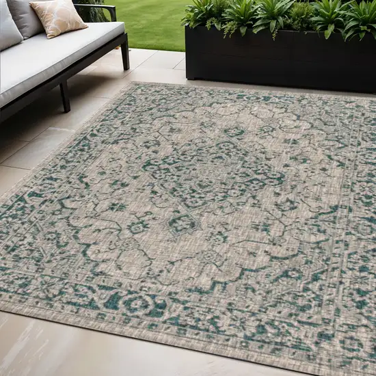Gray And Teal Blue Medallion Indoor Outdoor Area Rug Photo 1