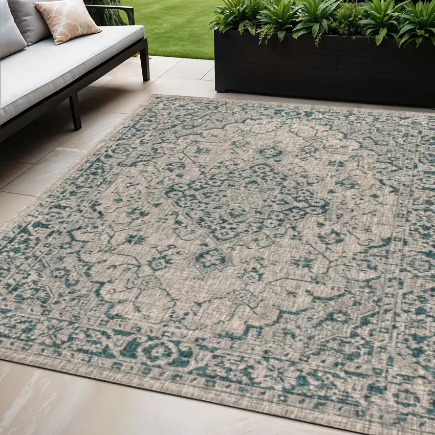 Gray And Teal Blue Medallion Indoor Outdoor Area Rug Photo 1