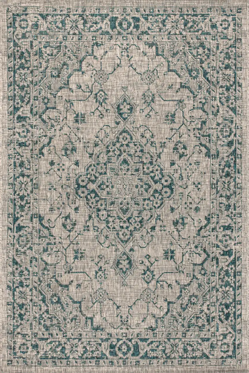 Gray And Teal Blue Medallion Indoor Outdoor Area Rug Photo 2